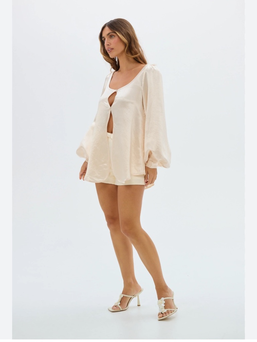 SHEIN Cream Satin Puff Sleeve Top & Bottom Set